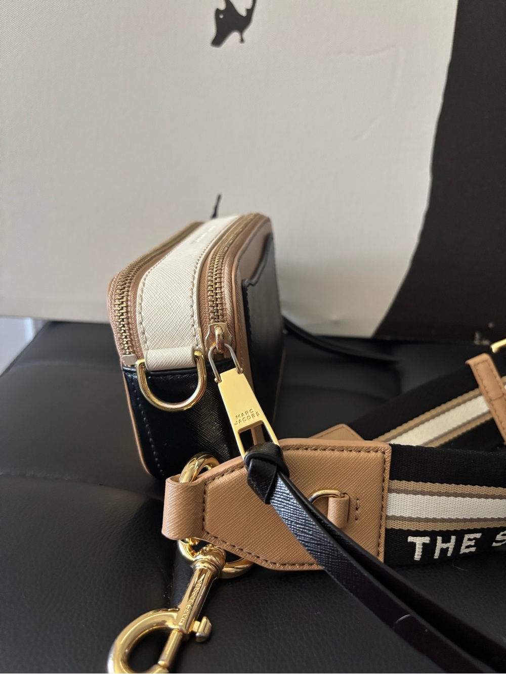 Marc Jacobs Tan & Black Snapshot Crossbody with Striped Strap - Picture 6 of 11